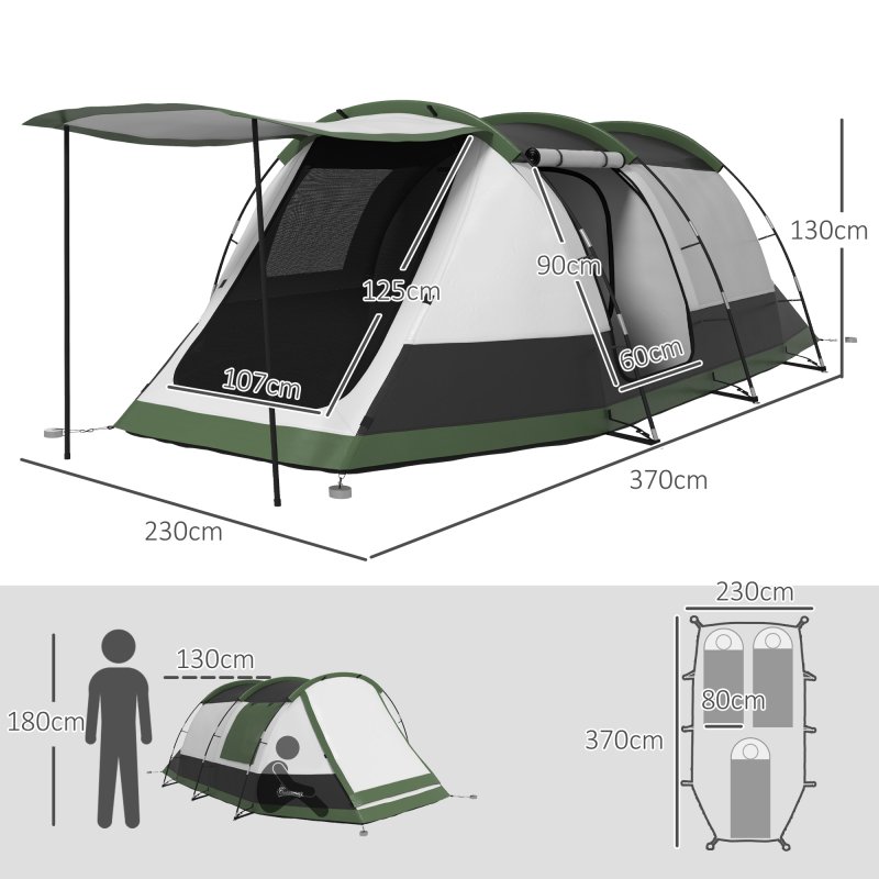 Outsunny 3-4 Man Camping Tent, Tunnel Tent with Bedroom, Living Room and Porch, 2000mm Waterproof, Portable with Bag, for Fishing Hiking Festival, Green