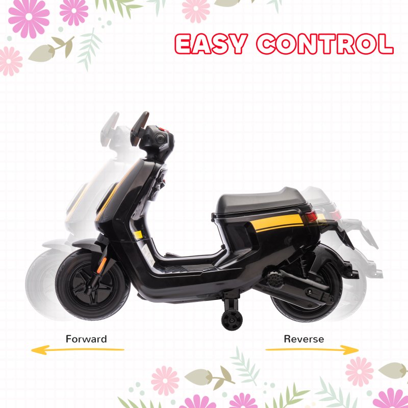 AIYAPLAY 6V Kids Electric Motorbike, Ride on Motorbike with Headlight, Music, Forward Reverse, Training Wheels, for Ages 18-36 Months, Black