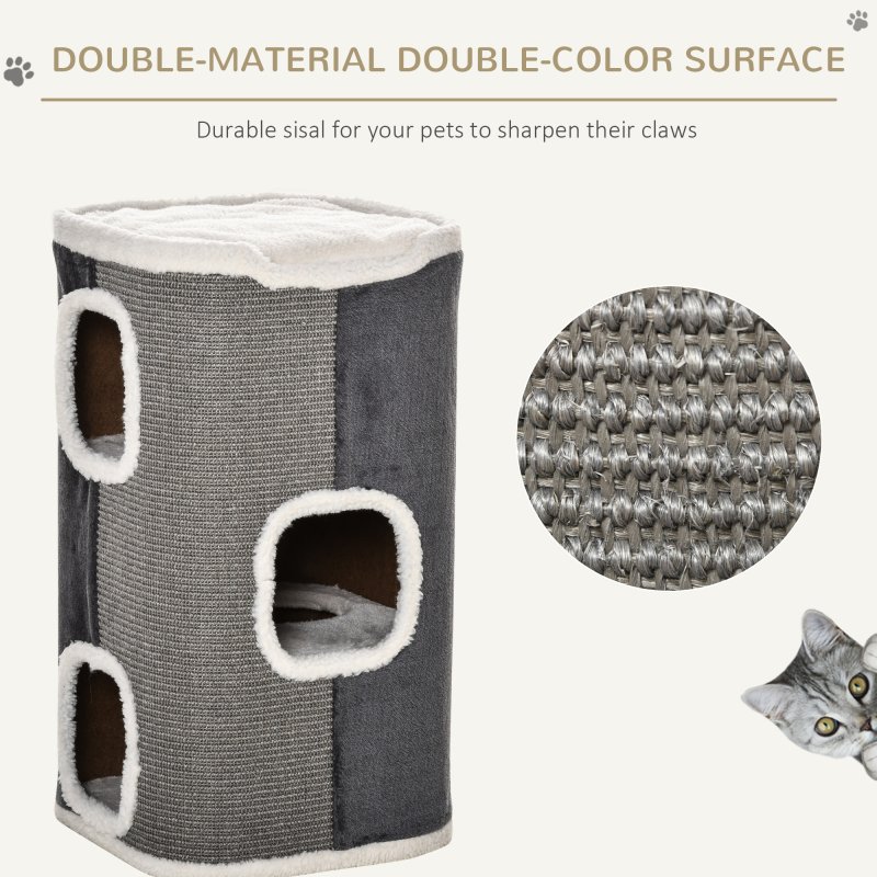 PawHut Cat Barrel Scratching Post Cat Tree for Indoor Cats Kitten Climbing Frame Pet Play Tower Soft Plush & Lamb Fleece Grey