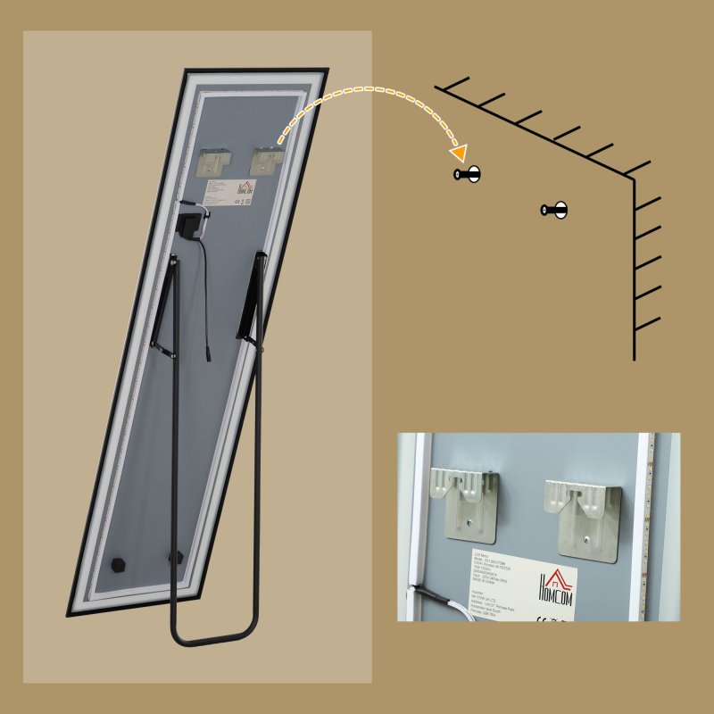 HOMCOM Full Length Mirror with LED Lights, 150 x 40cm Free Standing Mirror with Dimming and 3 Colour Lighting, Leaning or Wall Mirror with Metal Frame for Living Room, Bedroom, Black