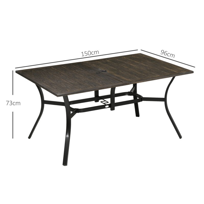 Outsunny Garden Table with Parasol Hole, Outdoor Garden Dining Table with Wood Grain Tabletop and Steel Frame for Patio, Deck, Balcony, Brown, 150 x 96 x 73cm
