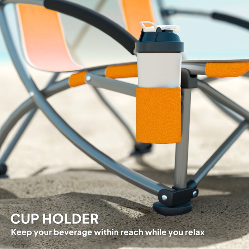 Outsunny Set of 2 Folding Beach Chair, Low Camping Chair with Mesh Back, Carry Bag and Cup Holder for Garden Outdoor Picnic Festival Travel, Orange