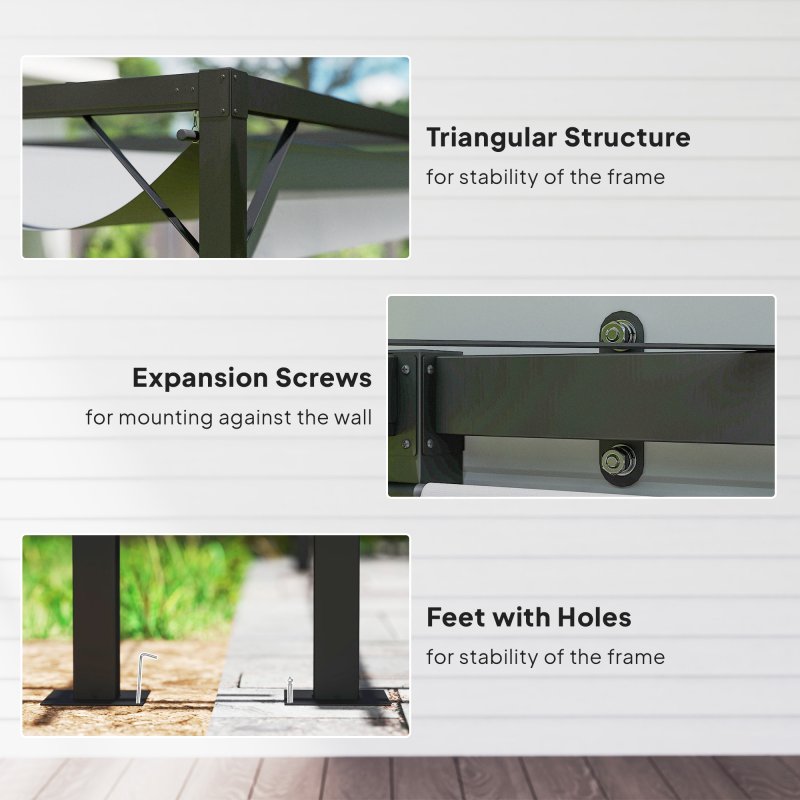 Outsunny 3 x 3(m) Outdoor Lean To Pergola Retractable Canopy Wall Mounted Gazebo Patio Shelter Sun Shade, Grey