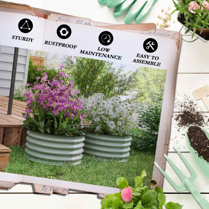 Outsunny Steel Raised Beds for Garden Set of 2, Outdoor Elevated Planter Box with Safety Edging, Easy-to-assemble Stock Tank for Growing Flowers, Herbs and Vegetables, Green