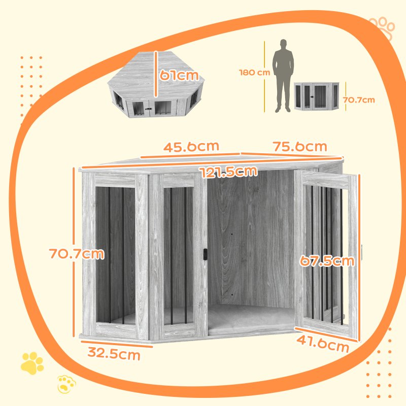 PawHut Dog Crate Furniture, Side Table Dog Kennel with Cushion, Large Door, for Large Dogs - Grey