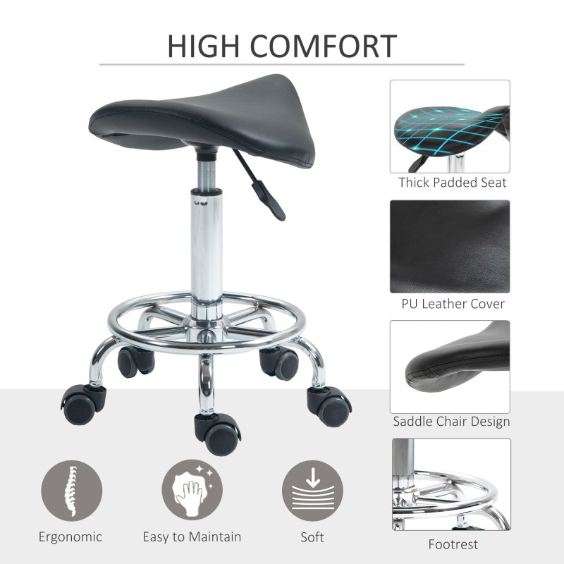 HOMCOM Saddle Stool, PU Leather Adjustable Rolling Salon Chair for Massage, Spa, Clinic, Beauty, Hairdressing and Tattoo, Black