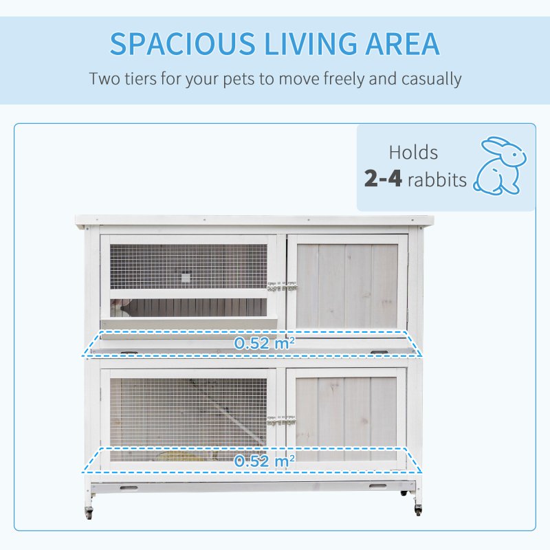PawHut 4 FT Rabbit Hutch 2-Tier Wooden Bunny Cages Guinea Pig Hide House with Tray, Ramp and Wheel, Cover - Grey