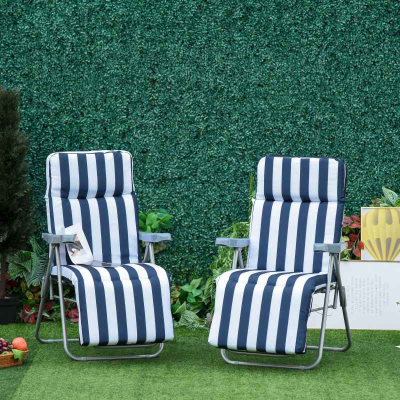 Outsunny Reclining Garden Chair Set of 2, 5-Level Adjustable Zero Gravity Chairs with Cushions, Folding Sun Lounger Garden Recliner Chairs with Armrests for Outdoor, Patio, Blue Stripe