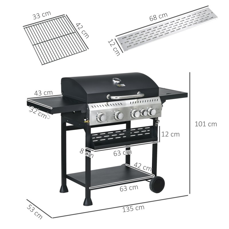 Outsunny 4+1 Gas Burner Grill, 12.5 kW Propane Gas Barbecue BBQ Grill with Wheels, Warming Rack, Shelves, Thermometer, Bottle Opener, Black