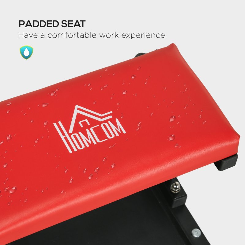 HOMCOM Workshop Stool, Rolling Machine Stool with 360?? Swivel, Padded Seat, Tool Tray, for Garage, Workshop, Auto Repair, Red