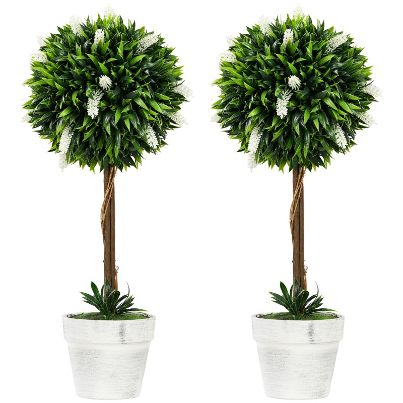 HOMCOM Set of 2 Decorative Artificial Plants Ball Trees with Lavender Flowers in Pot Fake Plants for Home Indoor Outdoor Decor, 60cm, White