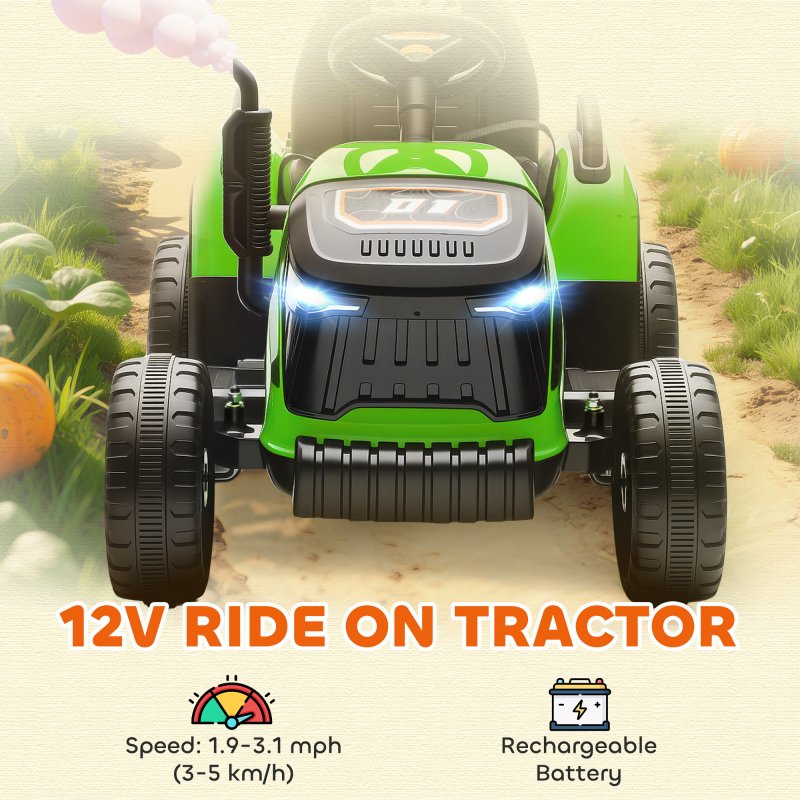 AIYAPLAY Ride on Tractor with Trailer, 12V Electric Vehicle with Remote Control, Ride on Car for Kids with Music, Shifter, Start-Up Sound for Ages 3-8 Years, Green