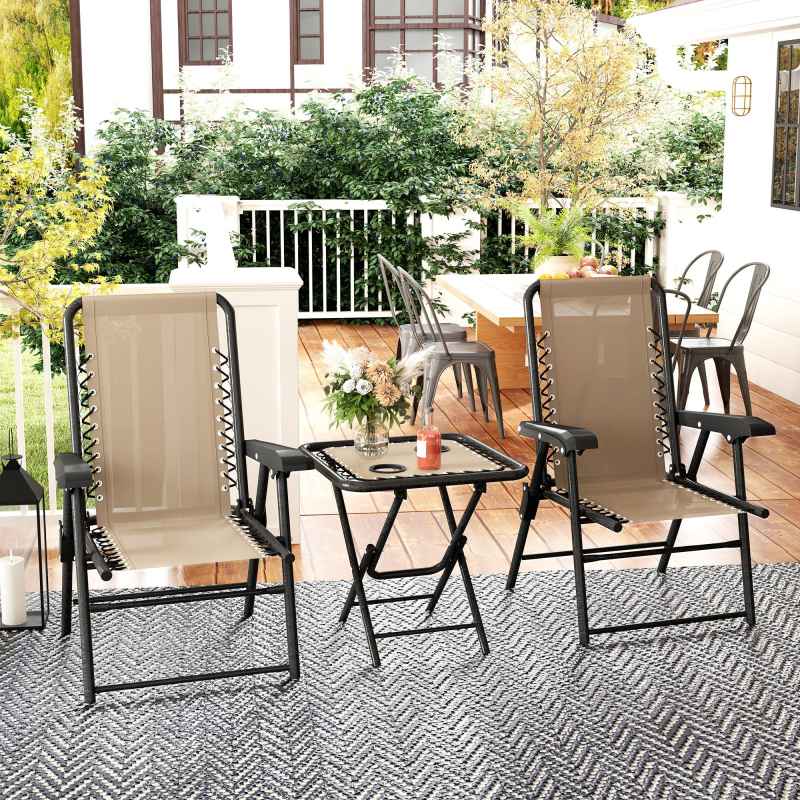 Outsunny 3 Pieces Garden Bistro Set, Folding Table and Chairs Set, Metal Garden Furniture Set with Cup Holders for Outdoor, Patio, Balcony, Khaki