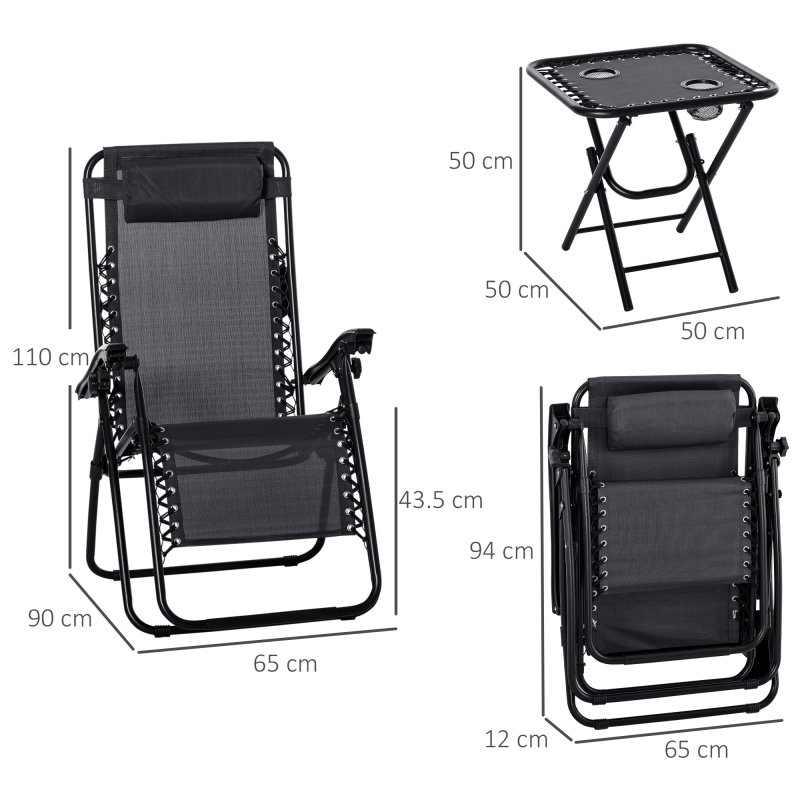 Outsunny Folding Zero Gravity Chairs, 3 Pieces Adjustable Sun Lounger and Table Set with Cup Holder and Headrest, Patio Bistro Set with Reclining Garden Chairs for Outdoor, Black