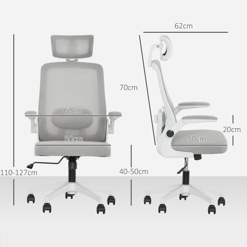 HOMCOM Executive Office Chair, Ergonomic Mesh High Back Desk Chair with Flip-up Armrest, Adjustable Lumbar Support, Rotatable Headrest, Grey