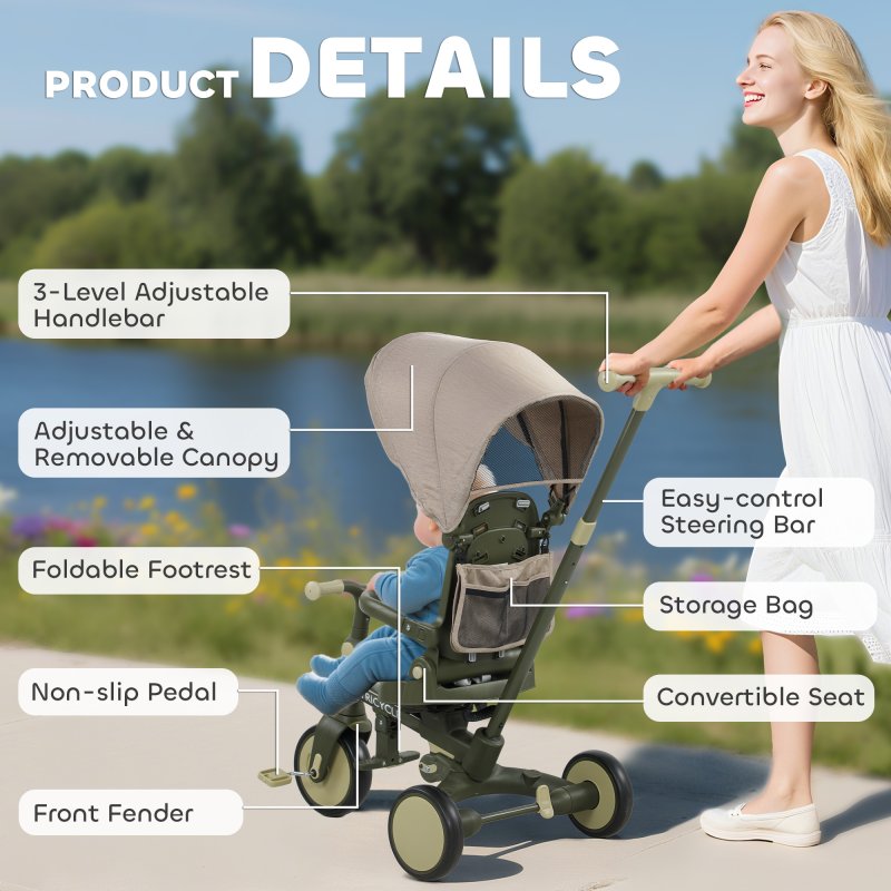 AIYAPLAY Kids Trike, Foldable Toddler Tricycle 5 in 1 with Adjustable Parent Handle & Removable Canopy, 5-point Safety Harness, Footrest, Storage Bag, for Ages 1-3 Years, Dark Green