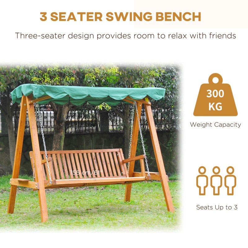 Outsunny 3 Seater Garden Swing Seat with Canopy, Wooden Swing Chair, Outdoor Hammock Bench for Balcony Patio Porch, Green