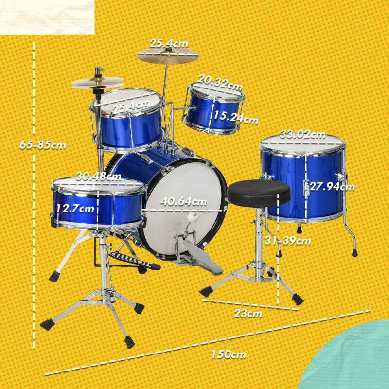 AIYAPLAY Drum Kit for Kids, Full Sized Drum Set with Five Drums, Two Cymbals, Stool, Drumsticks, Pedal, Cymbals, Musical instrument Toy, Blue