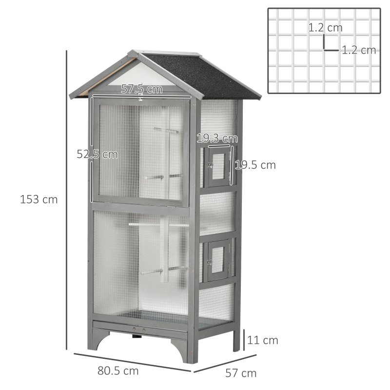 PawHut Wooden Bird Cage Budgie Cage Outdoor for Finch, Canary w/ Slide Tray, Asphalt Roof - Grey