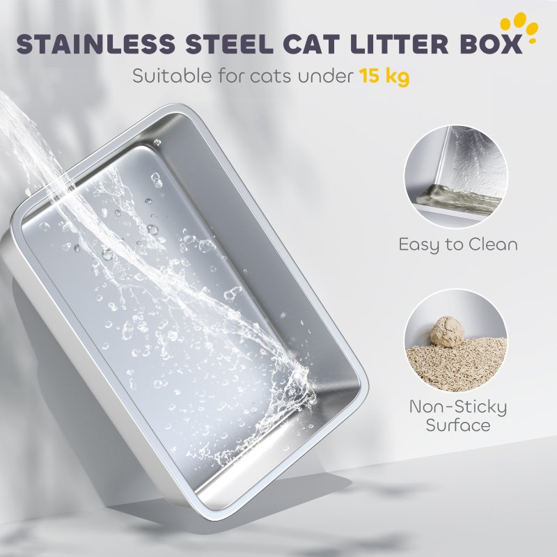 PawHut Stainless Steel Litter Box with Lid, Extra Large Hooded Cat Litter Tray for Big Cats with Front-Entry and Top-Exit, Metal Scoop, Deodorizer Bag, Non-Sticky, Odour Control and Easy Clean