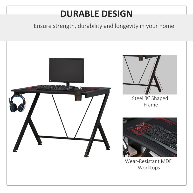 HOMCOM Gaming Desk 108 x 66 cm PC Computer Desk with Whole Board, A Shaped Gaming Table for Home Office with Cup Holder and Headphone Hook, Black