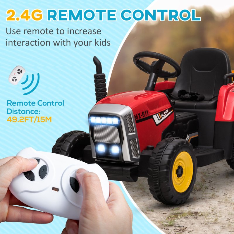 HOMCOM Electric Ride on Tractor 12V Kids Electric Car with Detachable Trailer Remote Control, Music, Horn, Lights, Start-Up Sound, for Ages 3-6 Years - Red