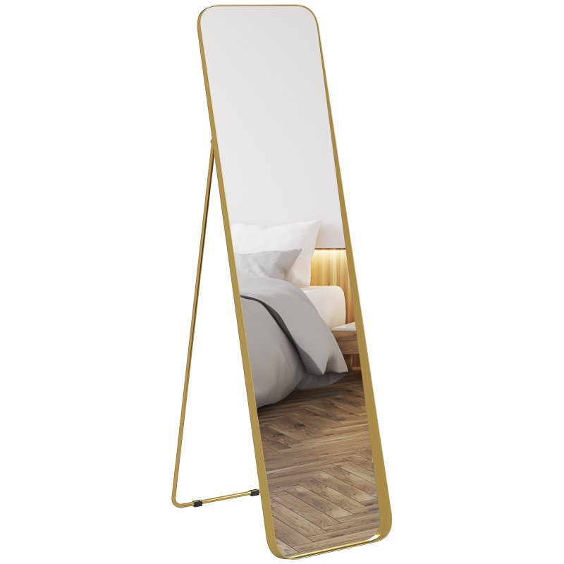 HOMCOM Full Length Mirror, 40 x 160 cm, Rectangular Full Body Mirror with Curved Corners for Bedroom, Living Room, Cloakroom, Floor Standing or Leaning Against Wall, Gold Tone