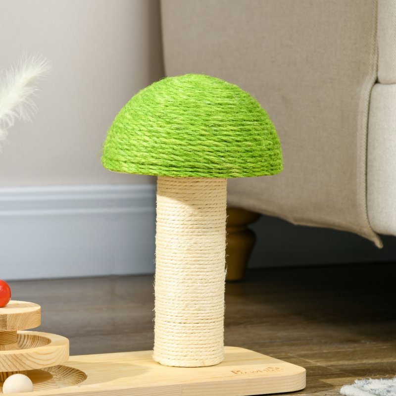 PawHut 26cm Cat Scratching Post, Mushroom-Shaped Cat Post with Toy Balls, Feather, Sisal Scratch Post for Indoor Cats - Natural tone and green