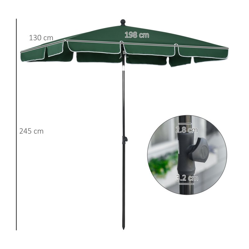 Outsunny 2 x 1.3m Garden Parasol Umbrella, Outdoor Market Table Umbrella with Ruffles & Aluminium Pole, Rectangular Tilting Parasol Sun Shade Canopy, Green