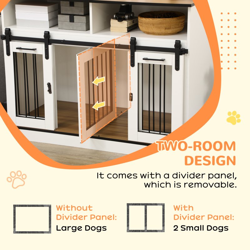 PawHut Dog Crate Furniture for Small and Large Dogs w/ Movable Divider, Dog Cage End Table with Shelves, Sliding Doors, 120 x 60 x 88.5cm, White