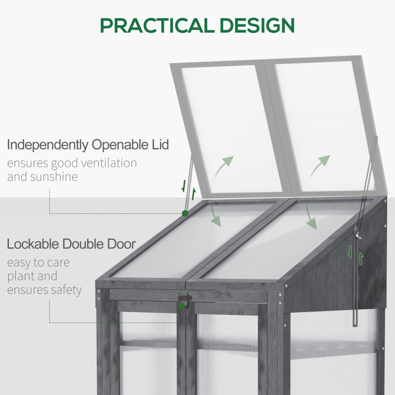 Outsunny Wooden Cold Frame Polycarbonate Greenhouse with Openable Top Cover and Double Door, Grow House for Flower, Vegetable and Plants, 70 x 50 x 120cm, Grey