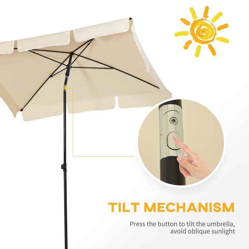 Outsunny 2 x 1.3m Garden Parasol Umbrella, Outdoor Market Table Umbrella with Ruffles & Aluminium Pole, Rectangular Tilting Parasol Sun Shade Canopy, Beige