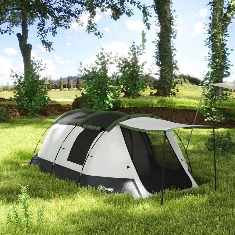 Outsunny 3-4 Man Camping Tent, Tunnel Tent with Bedroom, Living Room and Porch, 2000mm Waterproof, Portable with Bag, for Fishing Hiking Festival, Green