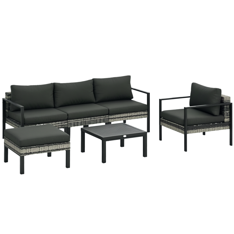 Outsunny 6 Pieces PE Rattan Garden Furniture Set with Sofa, Armchairs, Stool, Patio Sofa Set with Metal Coffee Table, Cushions, for Poolside, Charcoal Grey