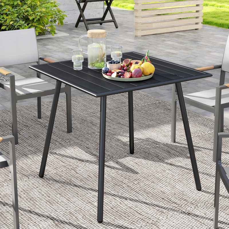 Outsunny Garden Dining Table for 4 Person, Square Outdoor Table with Easy Clean Slat Top, Rust Resistant Steel Frame, for Terrace, Balcony, 80 x 80 x 74 cm, Black