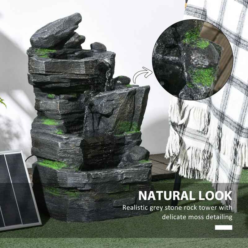 Outsunny Solar Powered Garden Water Feature with LED Lights and Pump, 4 Tier Cascading Water Fountain for Indoor/Outdoor, Stacked Stone Rock Waterfall Ornament, 57cm Height, Dark Grey