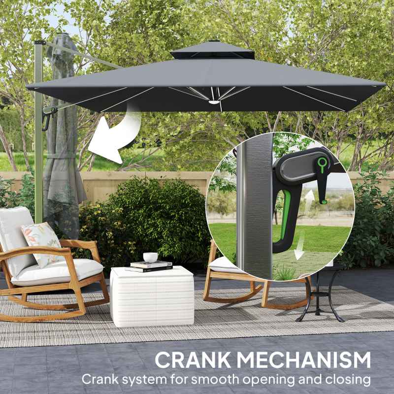 Outsunny 3(m) Garden Cantilever Parasol with Solar LED Lights, Overhanging Patio Umbrella with Cross Base, 360 Rotation, Crank Handle and Tilt, 8-Rib Outdoor Hanging Sun Shade, Grey