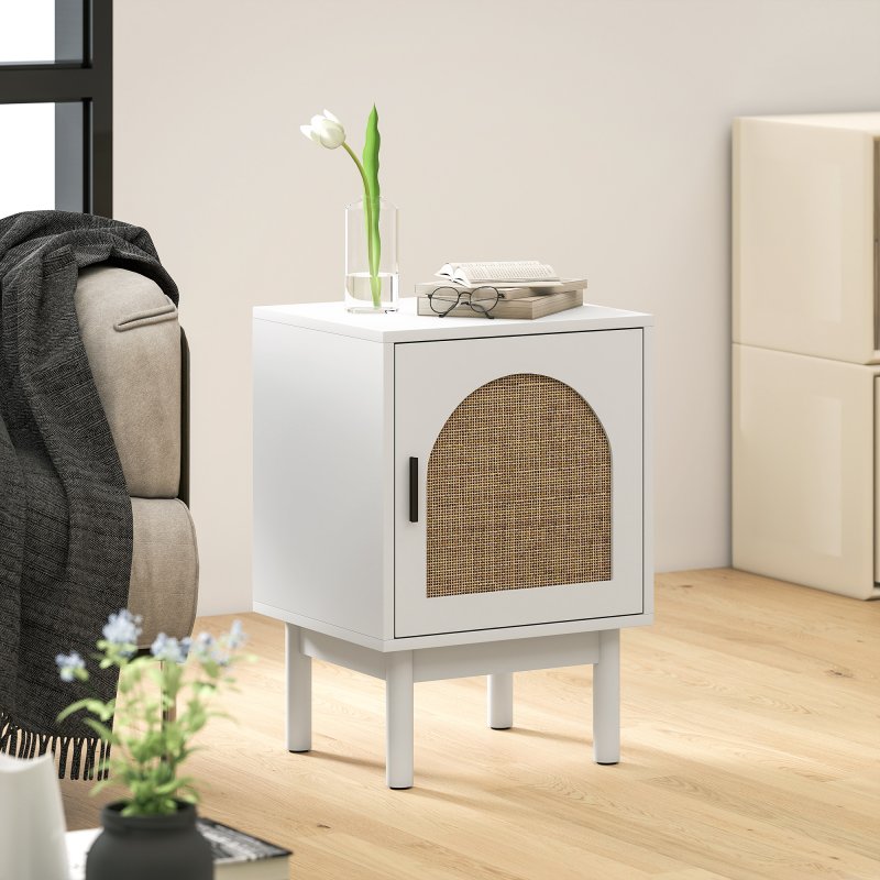 HOMCOM Rattan Bedside Table, Boho Bedside Cabinet with Adjustable Shelf and Solid Wood Legs, Side Table for Living Room, Bedroom