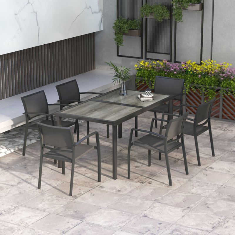 Outsunny 6 Seater Garden Dining Set, Stackable Armchairs and Wood-like Top Table, Space-Saving Outdoor Table and Chairs with Breathable Mesh Seat, Garden Furniture Set, Grey