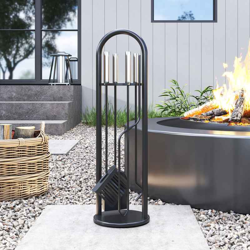 Outsunny 5 Pieces Fireplace Tools Set, Metal Fireplace Accessories Fireside Companion Set with Broom, Shovel, Poker and Bucket, Silver
