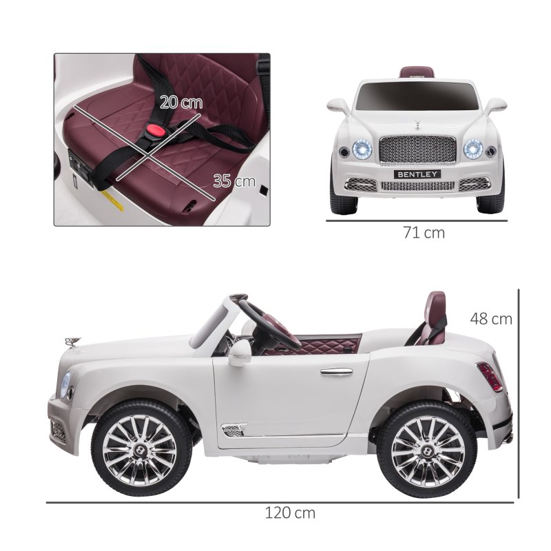 HOMCOM Bentley Mulsanne Licensed Kids Electric Ride On Car 12V Powered Toy Car w/ Remote Control, Music, Horn, Lights, MP3 Slot, Suspension Wheels, for Ages 3-6 Years - White