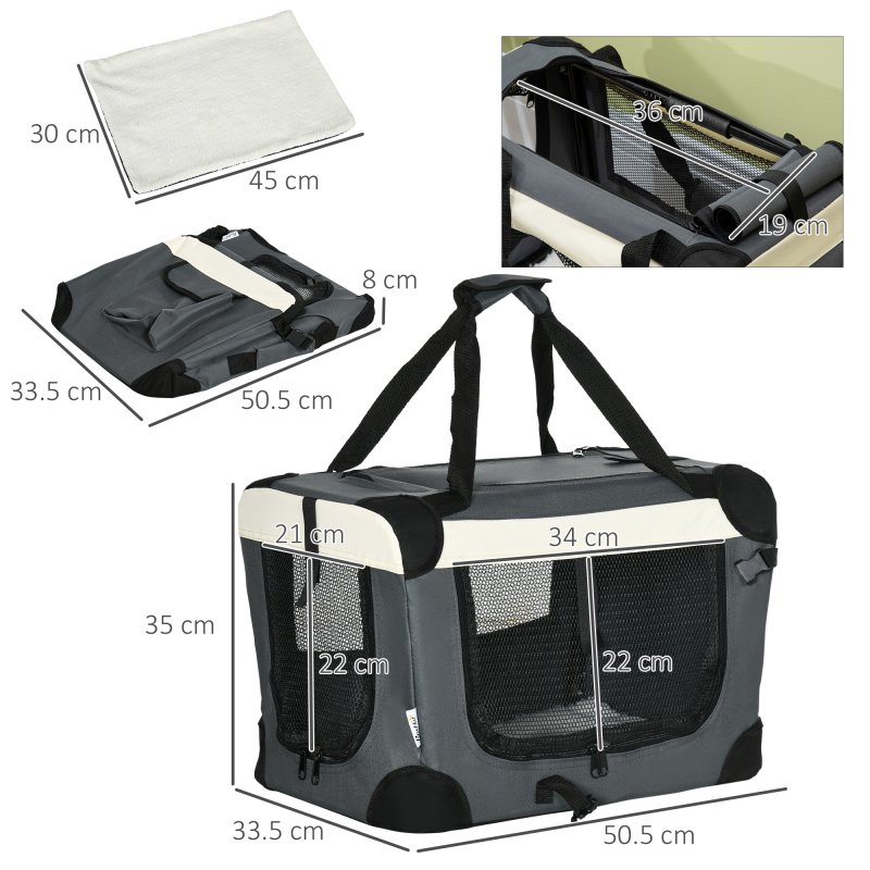 PawHut 51cm Foldable Pet Carrier for Miniature Dogs, Portable Cat Carrier Soft Side Pet Travel Crate with Removable Mat, Breathable Mesh - Grey
