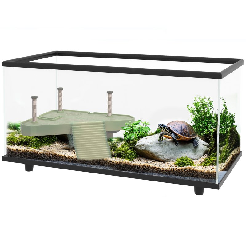 PawHut Turtle Tank, 50L Glass Turtle Aquarium with Basking Platform, Ramp, Easy Drainage, Strip Patch Thermometer, for Small Turtles, 60 x 30 x 32cm