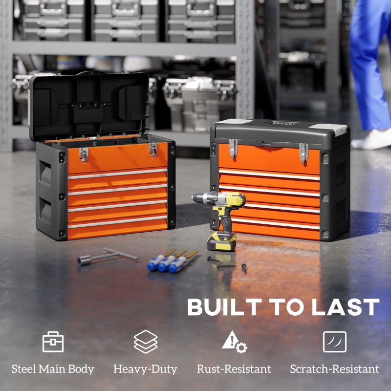 HOMCOM 4 Drawers Large Tool Box, Powder Coated Steel Toolbox with Top Tray, Mini Parts Boxes, Ball Bearing Runners, Handle, Heavy Duty Tool Chest for Workshop, Garage, 497mm x 253mm x 407mm, Orange