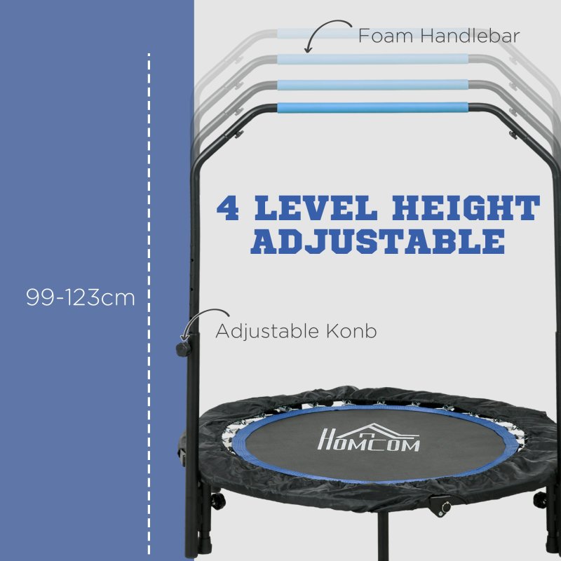 HOMCOM 40" Foldable Mini Trampoline Fitness Trampoline Rebounder for Adults with Adjustable Foam Handle, for Indoors, Outdoors, Cardio Training, Blue