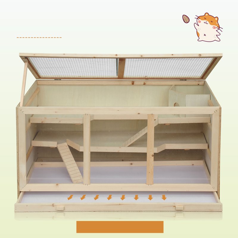 PawHut Wooden Hamster Cage, Small Animals Hutch with Tray, Openable Top, Exercise Play House Pen, 115L x 57W x 55Hcm, Natural