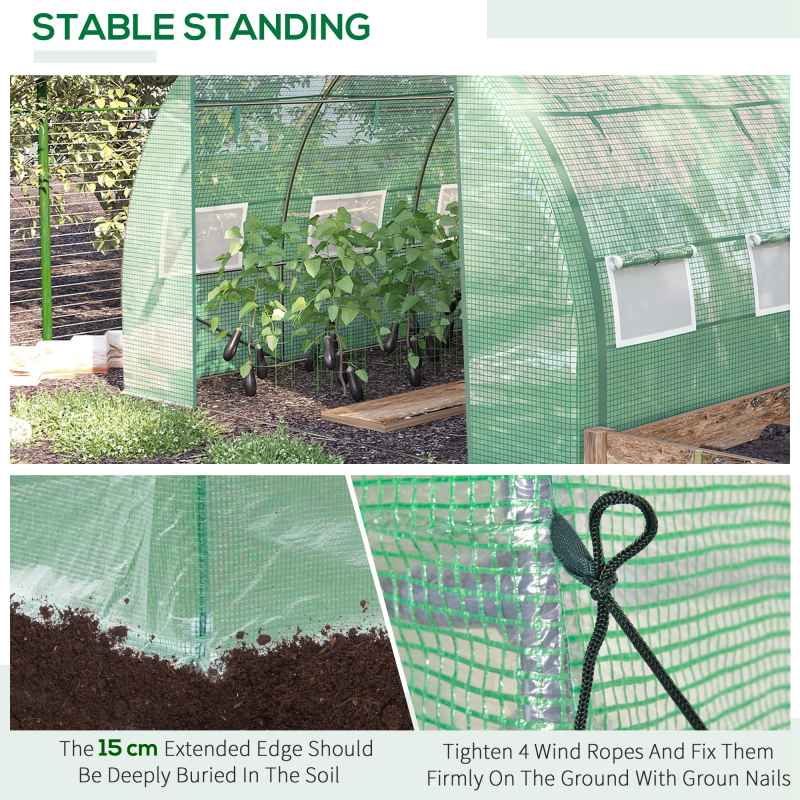 Outsunny 3 x 3 x 2 m Polytunnel Greenhouse with Roll-up Side Walls, Walk-in Grow House Tent with Steel Frame, Reinforced Cover, Zipped Door and 6 Mesh Windows for Garden, Green
