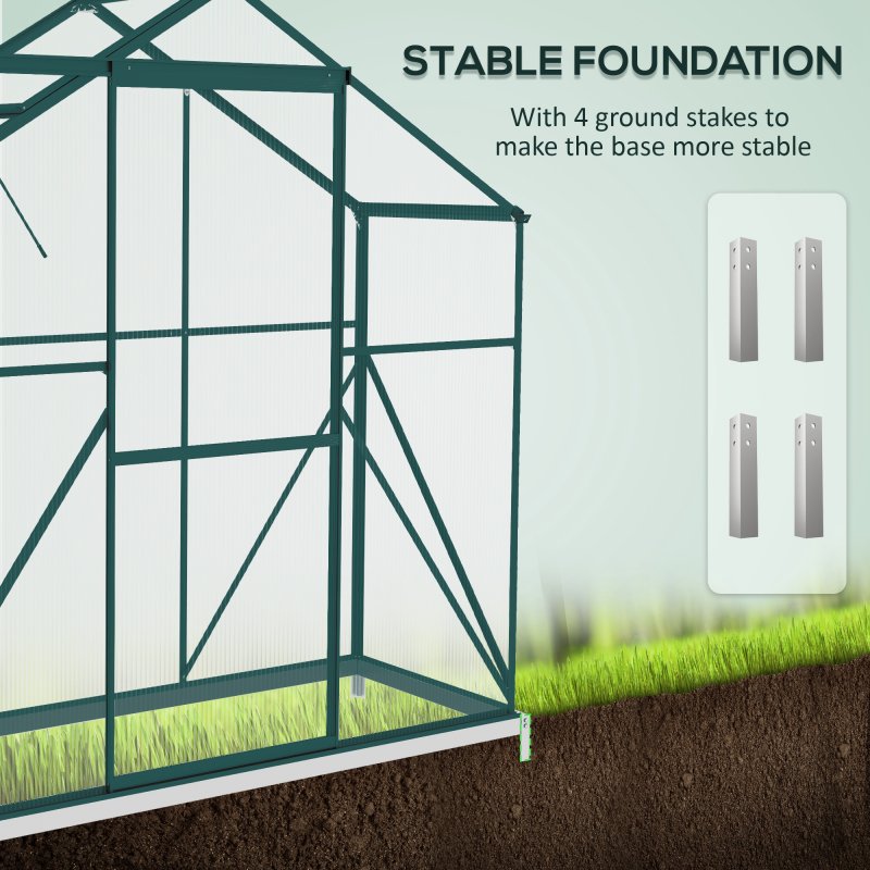 Outsunny 6 x 2.5ft Polycarbonate Greenhouse, Walk-In Green House with Sliding Door, 5-Level Roof Vent, Rain Gutter, Garden Plants Grow House with Aluminium Frame and Foundation, Green