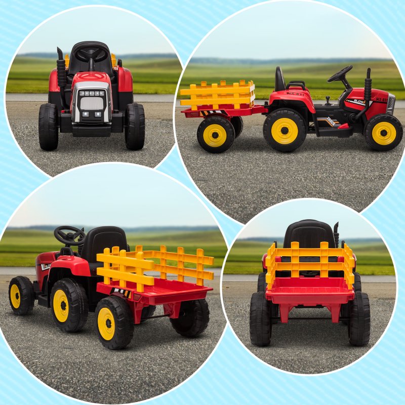 HOMCOM Electric Ride on Tractor 12V Kids Electric Car with Detachable Trailer Remote Control, Music, Horn, Lights, Start-Up Sound, for Ages 3-6 Years - Red