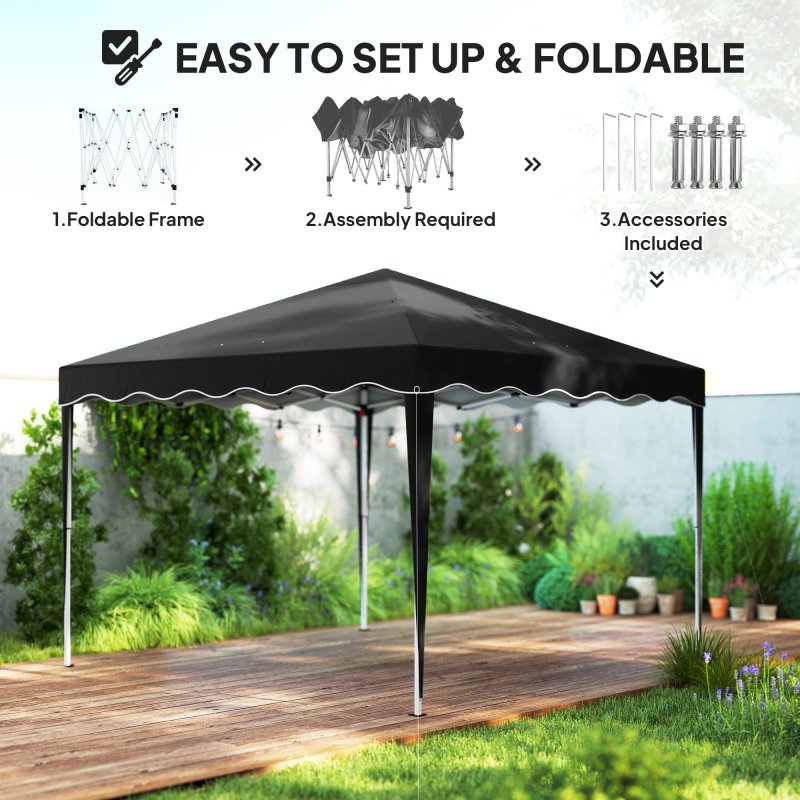 Outsunny 3x3(m) Pop Up Gazebo, Foldable Party Tent with Wave Edge and Carry Bag, Height Adjustable Festival Camping Canopy for Garden Outdoor, Black